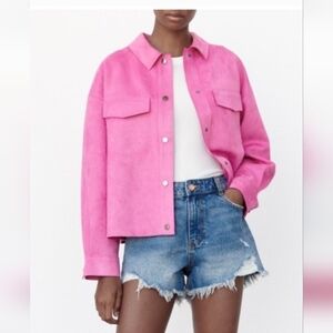 Zara Metal Button Women's Vibrant Pink Cropped Jacket With Pockets